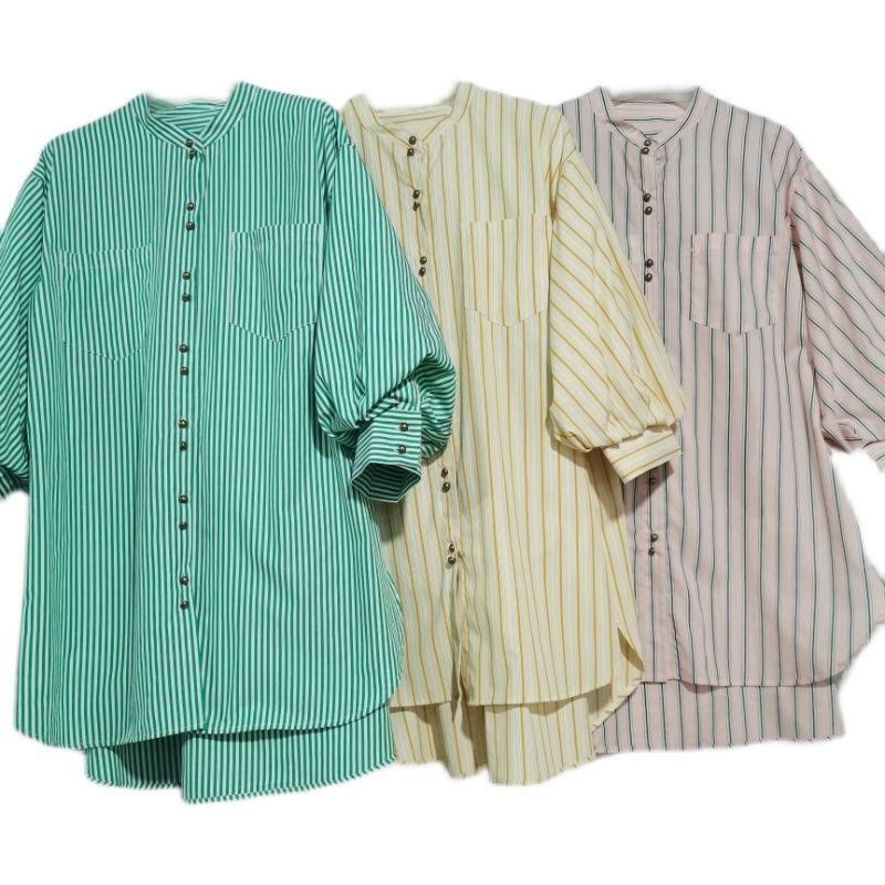 Export Japanese Original Single Cut Label Stand-up Collar Puff Sleeve Half Sleeve Color Stripes Open Shirt Female Mid Length Long Length Lazy