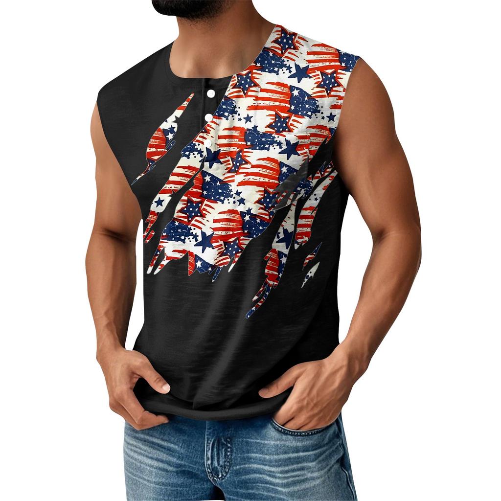 Men's Summer Independence Day Printed Sports Button Pocket Sleeveless Tank Top
