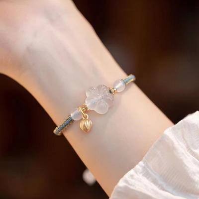 Pulseira de Ágata Branca Natural Flor de Ameixa, Design de Nicho Corda de Mão Ajustável Presente Lichia Flor Congelada Estilo Retrô Pêssego