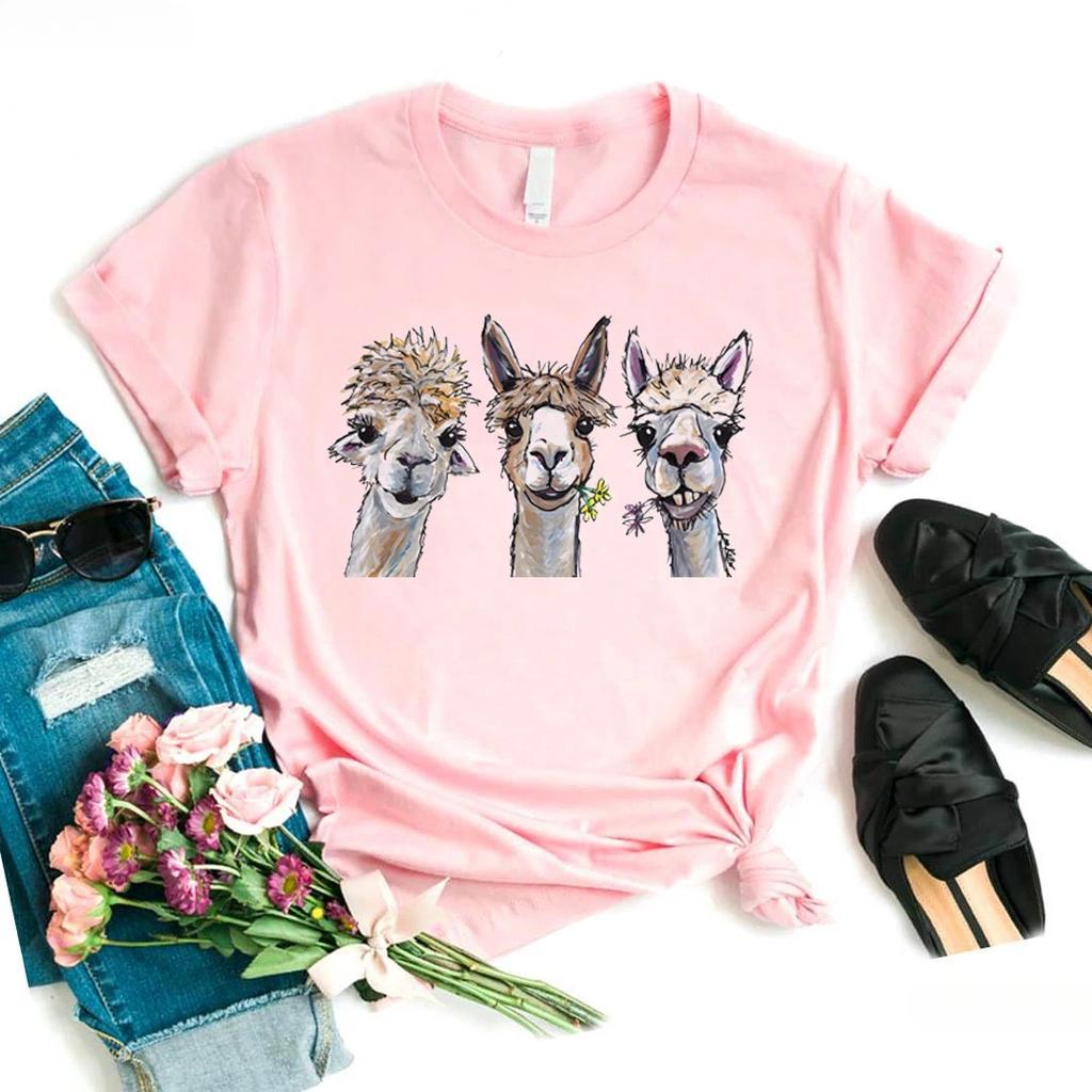Kawaii Alpacas Animal Printed T Shirts Women Summer White Top Camiseta Mujer Casual Pink/Yellow/Gray/BlackTshirt Clothes Y2K Top