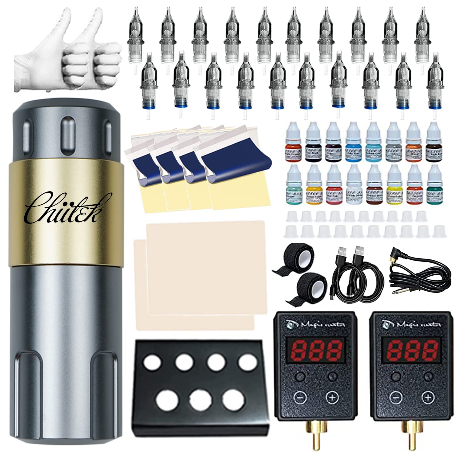 Набор тату-машинок Chittek, Тату-набор с портативным аккумулятором для ручки x 2, Роторная тату-машинка, Тату-краски, Другие принадлежности для тату, Тату-набор для начинающих