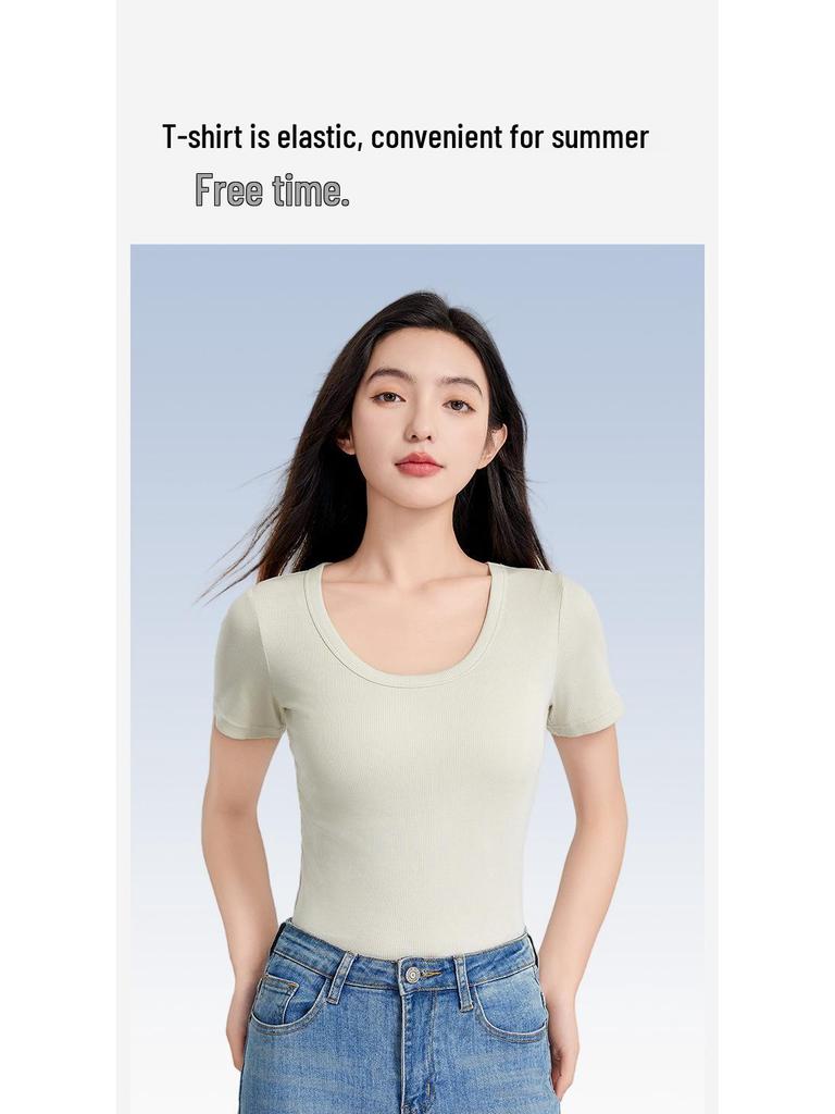 5A Antibacterial Women's Solid Color Tencel Cotton Ribbed Short Sleeve Summer T-shirt
