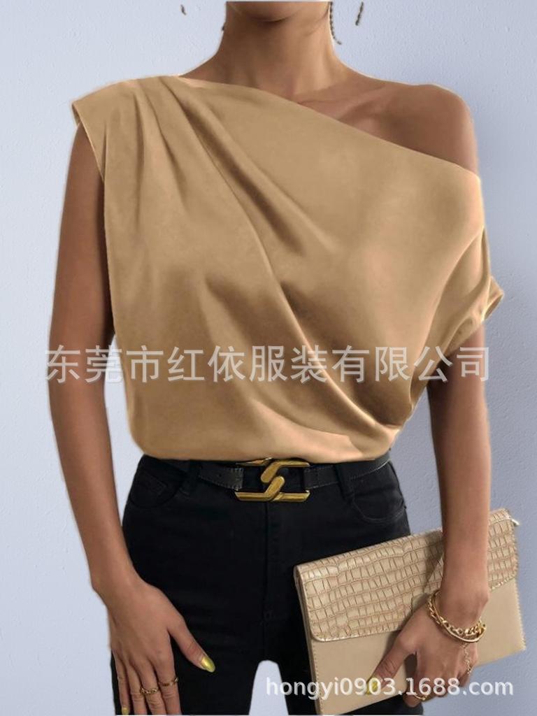 Women's Satin T-shirt Summer TK European and American Women's Clothing New Slanted Shoulder Solid Color Versatile Off-shoulder Top Women