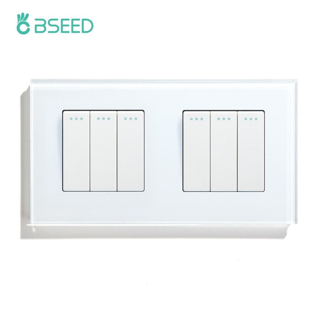 BSEED Double 1/2/3Gang Wall Light Switches 1Way Mechanical Button Switch On Off Glass Panel EU Standard 157mm