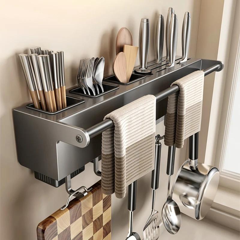 Versatile Stainless Steel Knife Organizer with Rug Holder Wall-mounted Utensils Holder for Chopstick Spoon & Fork