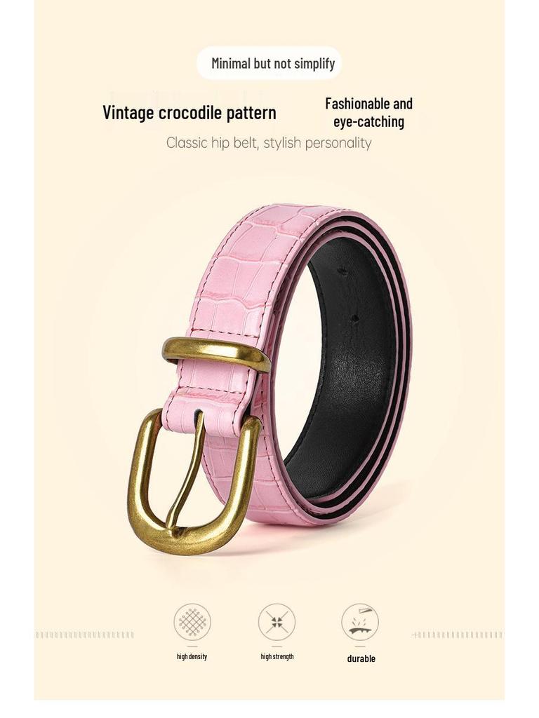 Vintage Pink Crocodile Leather Pin Buckle Belt for Women - Versatile and Stylish