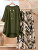 Large Size Women's Seven-quarter-sleeved Irregular Top Plant-printed Wide-leg Pants Casual Two-piece Set Multi-color