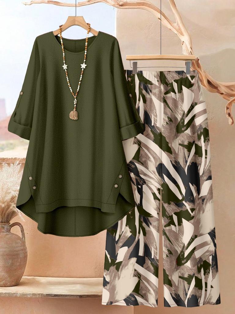 Large Size Women's Seven-quarter-sleeved Irregular Top Plant-printed Wide-leg Pants Casual Two-piece Set Multi-color
