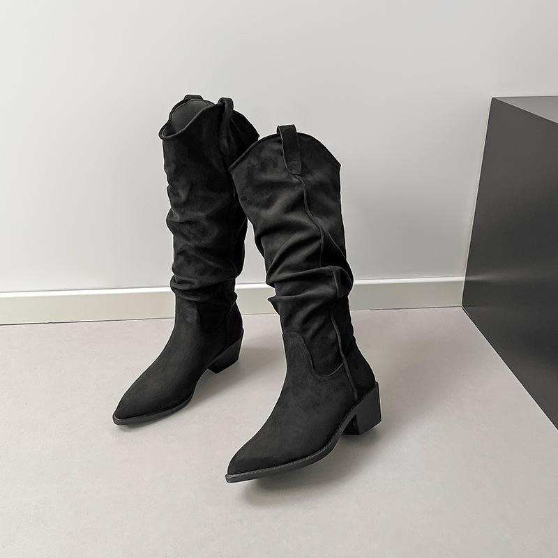 Cow Velvet~ Small Slim Stacking Boots Thick Heel Tall Western Cowboy Boots Soft Sole High Heel Mouth Long Boots Women