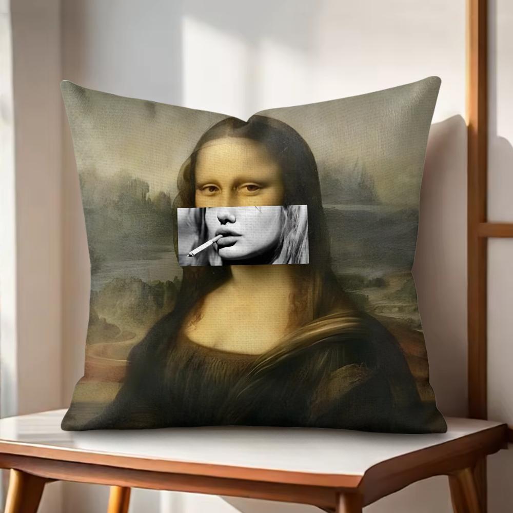 Mona Lisa Cushion Cover Natural Linen Organic Fabric DoubleSided Printing Couch Pillow Covers Home Decor