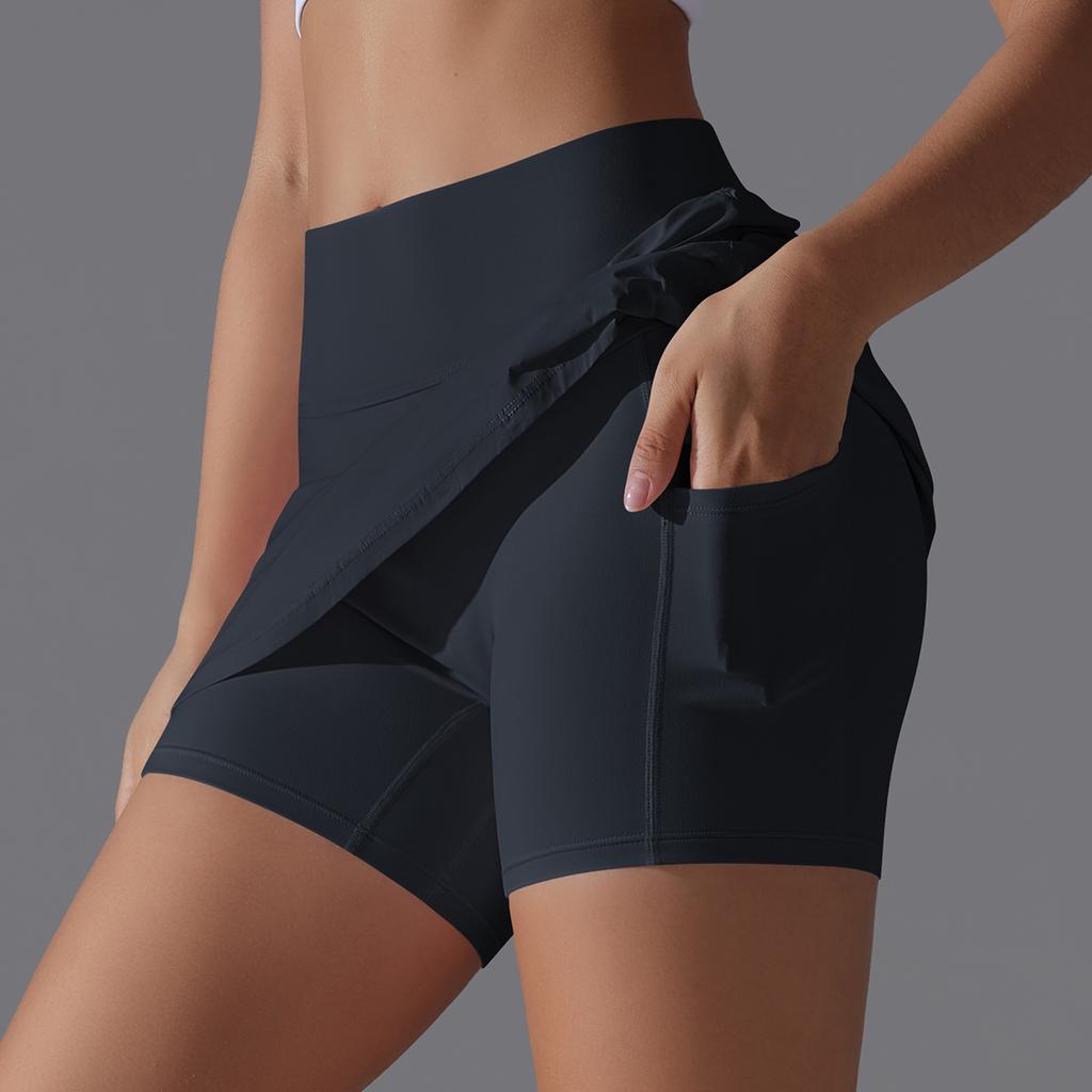 Auroth Women Sports Short Skirts With Porkets Elastic Push Up Yoga Sports Skirts Black Summer Girl Skirts