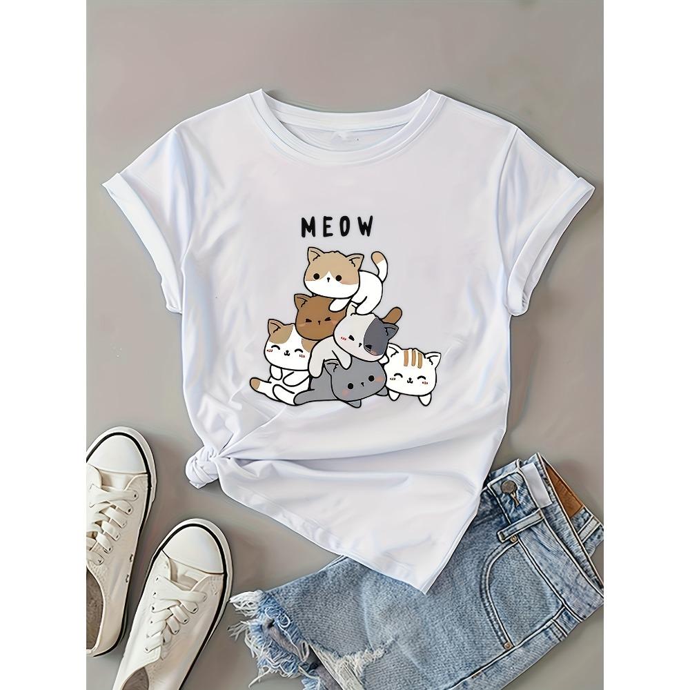 

Women Cotton Short Sleeves T-shirts MEOW Cat Pile Women s Tee Cute Kawaii Graphic Casual Cat Lover Top S