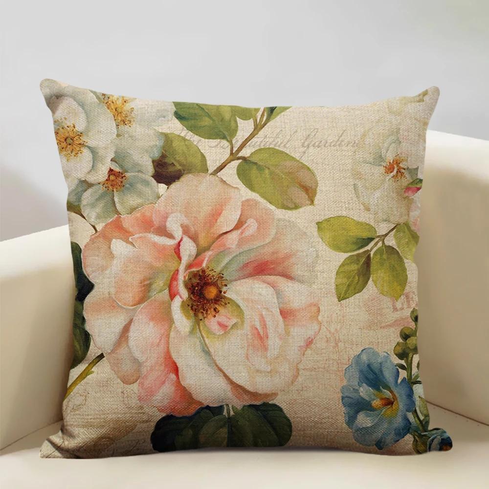 Retro Style Cushion Cover 45x45cm Linen Pillow Case Living Room Sofa Decor Pillowcase Colorful Exquisite Flower Pattern Car Seat