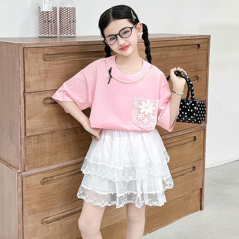 Girls' summer skirt set, new children's clothing, medium and large children's beautiful and good-looking T-shirt skirt two-piece set