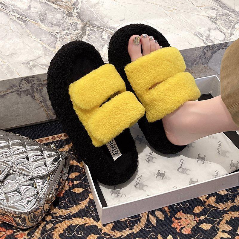 Temperament one-word drag fluffy slippers women's outerwear with platform shoes French skirt casual height increase new 2025 yellow