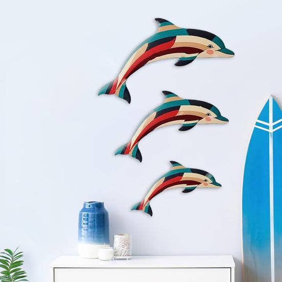3Pcs/Set Wooden Geometric Dolphin Wall Decoration Coastal Nautical Home Office Living Room Wall Hanging Ornament Rustic Sea Animal Wall Art
