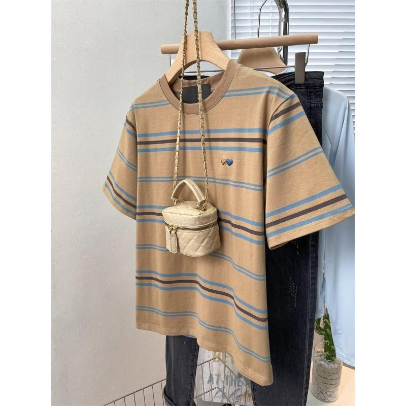Women's Clothing American Beautiful Contrast Stripe Short Sleeve T-Shirt Summer Loose Casual Versatile Fashion Top