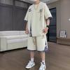 Men's Short Sleeve Graphic Print Side Stripe T-Shirt and Drawstring Shorts Lounge Set Beige