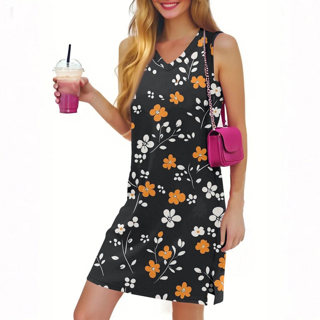 Women's Casual Fashion Sexy V-neck Sleeveless Floral Hem Slit Dress