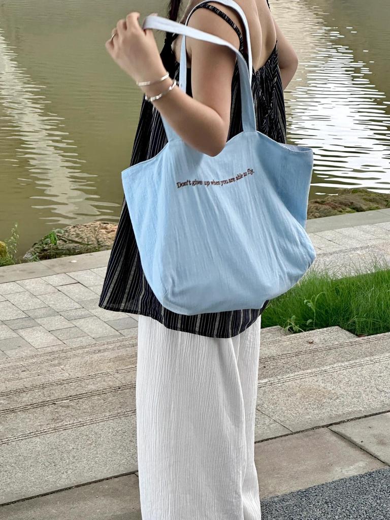 Large Capacity Letter Shoulder Bag Double Sided Back Striped Tote Bag Fashion Versatile Canvas Bag