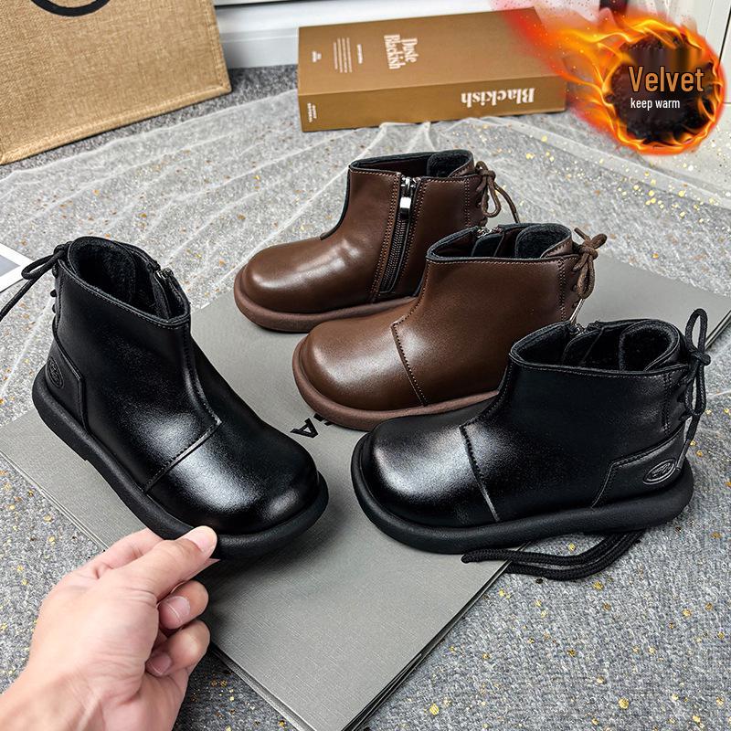 Girls' Black Martin Short Boots with Velvet - 2025 Autumn/Winter Edition Leather Princess Shoes