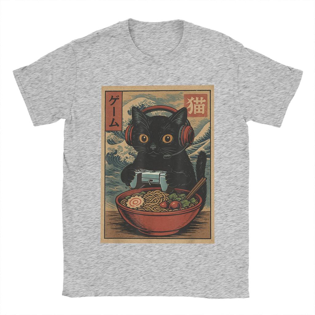 Niesamowite japońskie koszulki z kotem ramen dla mężczyzn z okrągłym dekoltem 100% bawełniane koszulki Kawaii kot z makaronem koszulki z krótkim rękawem oryginalne topy