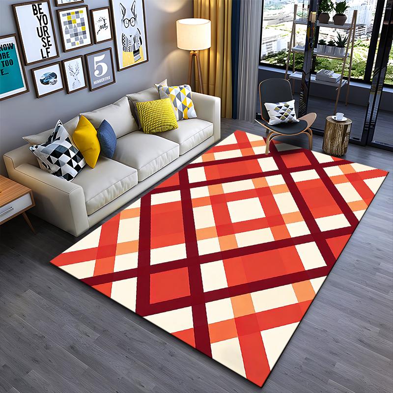 Geometric Pattern Carpet with Red and Orange Plaid Design, Modern Style Suitable for Use As an Anti-slip for Living Room Bedroom Sofas