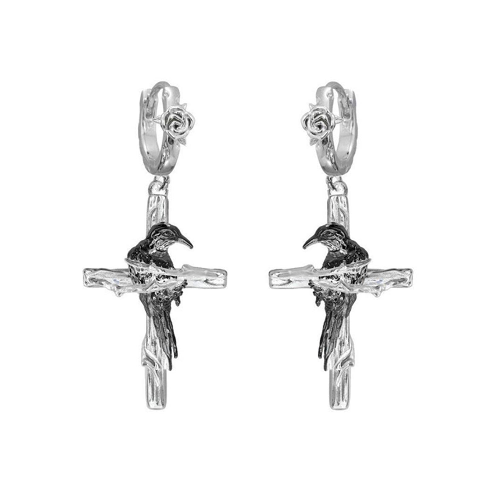 

Original Gothic Raven Earrings Punk Style Dangle Drop Gothic Cross Ear Studs Accessory for Girls and Women серебряный