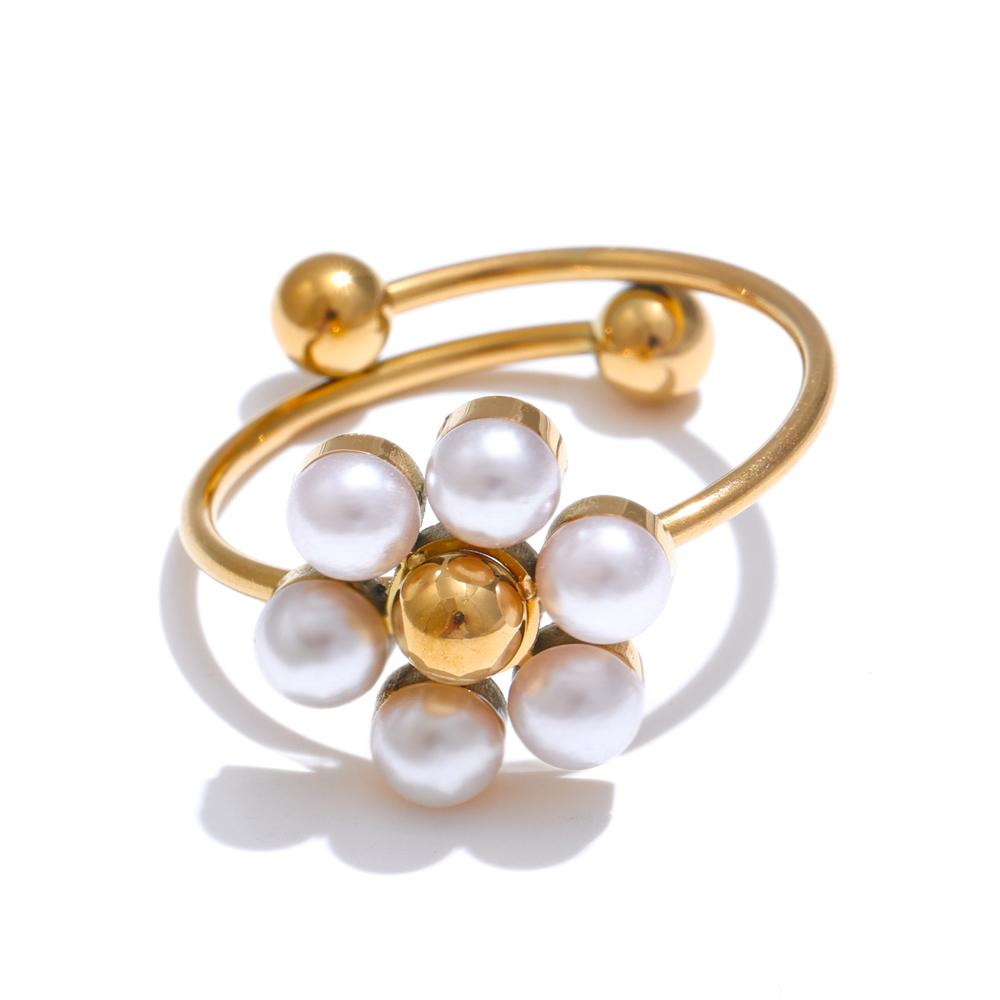 Yhpup Fashion Imitation Pearls Flower Pendant Necklace Ring for Women Chic Stainless Steel Daily Wear Jewelry Wholesale Women