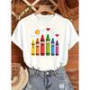 European Size Women's Casual Short Sleeve Crew Neck T-Shirt - Playful Cartoon Crayon & Smiling Faces Graphic Print, Breathable Medium-Stretch Fabric