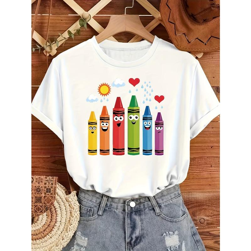 

European Size Women s Casual Short Sleeve Crew Neck T-Shirt - Playful Cartoon Crayon & Smiling Faces Graphic Print, Breathable Medium-Stretch Fabric 4XL