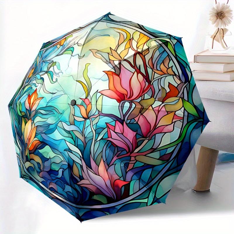 

1pc Automatic Open/Close Stained-Glass Floral Umbrella with 8-Rib Foldable Canopy - Turquoise Blue/Pink/Golden/Black/Green/Whi (as the picture,Iron&8K)