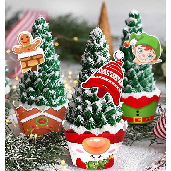 128 Pieces Christmas Cupcake Toppers Wrappers Party Supplies Favors - Snowman Santa Claus Reindeer Elf Gnome Gingerbread