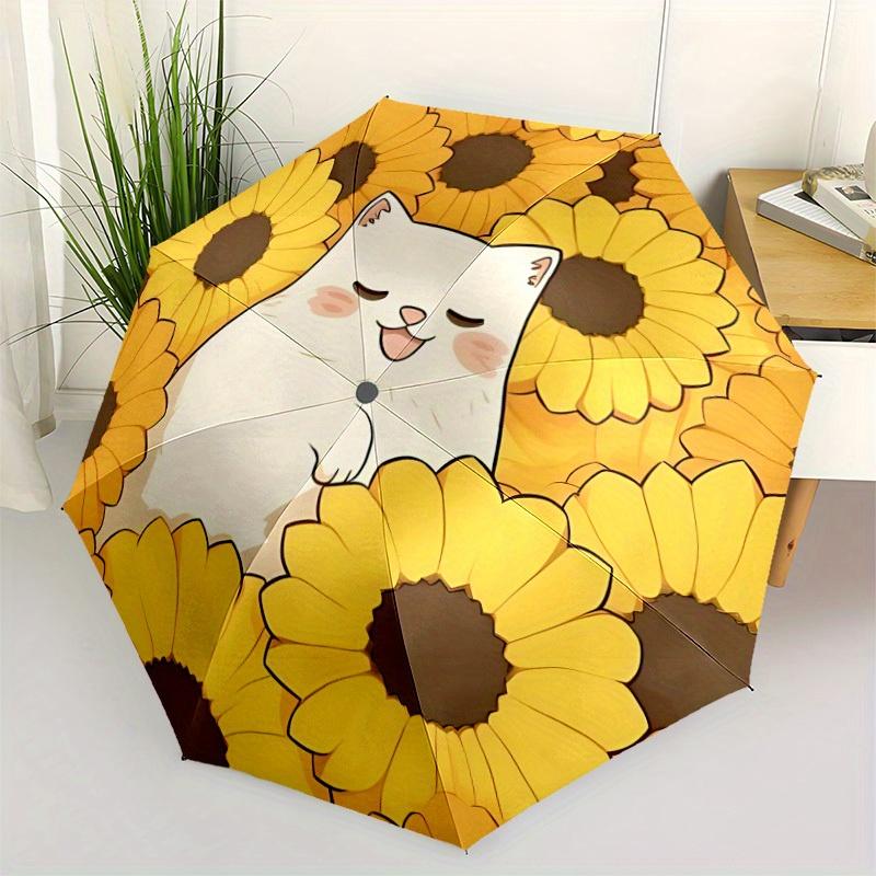 1pc Flower Cat Automatic Open/Close Umbrella with Windproof, Functional Design, 8-Rib Sturdy Canopy
