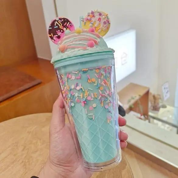 Cute Flash Powder Water Bottle Straw Cup for Girl Reusable Hard Kid Plastic Tumbler With Lid Coffee Cup Drinkware Christmas Gift