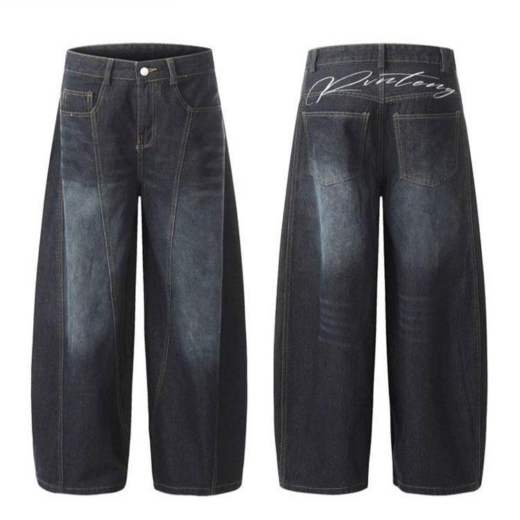 Retro High Street Scimitar Jeans: Women's Washed Wide-Leg Distressed Pants