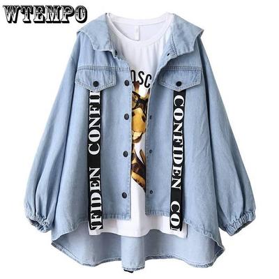Denim Jackets Women Print Hooded Jean Jacket Denim Loose Autumn Denim Jeans Coats Casacos Feminino
