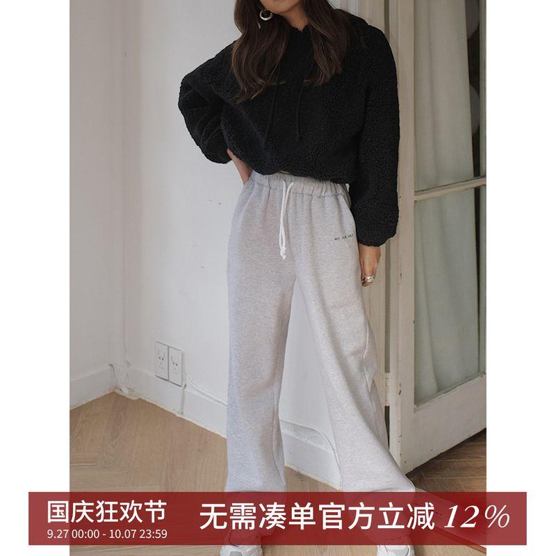 

Wide Leg Print Alphabet plus Velvet Loose Drawstring Sweatpants Light gray In Stock M