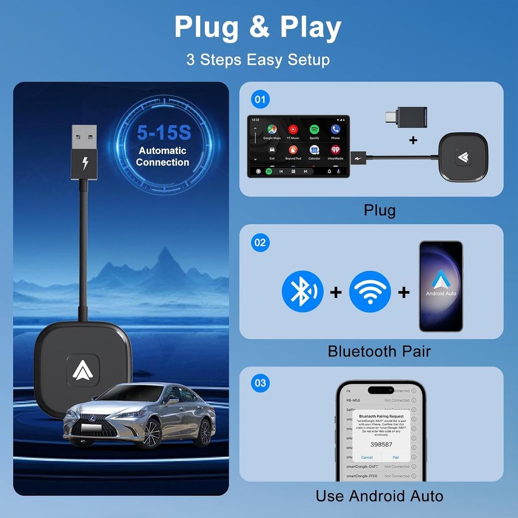 Android Auto Wireless Adapter, Wireless Android Auto Car Adapter for Wired Android Auto Cars Converts Wired to Wireless Easy Setup Plug & Play