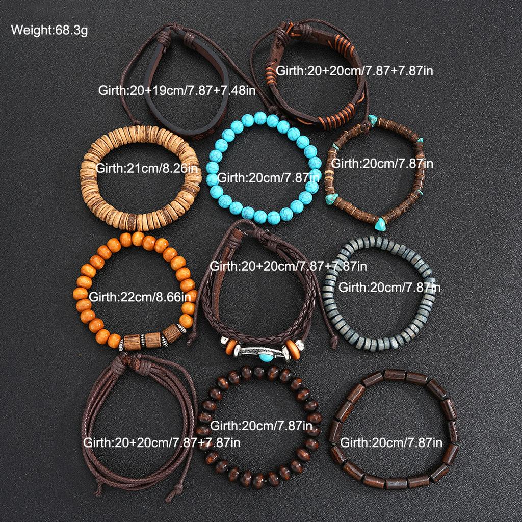 11 Stück/Set Vintage Türkis Leder Holzperlen Armbänder für Männer Braune Farbe Feder Geflochtenes Armband Set Männlicher Party Schmuck Geschenk