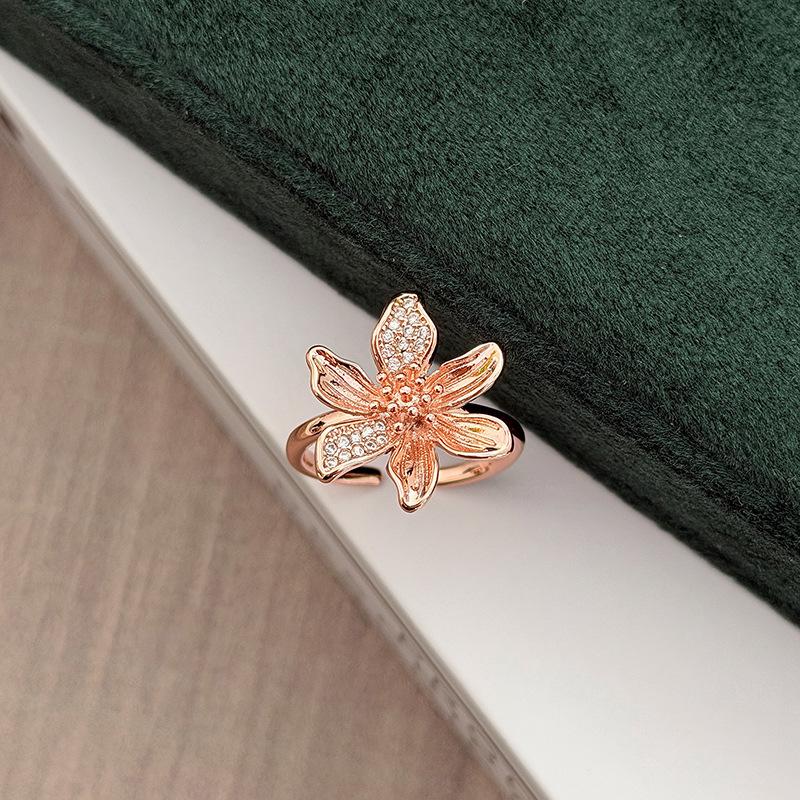 Rose Gold Light Luxury Flower Open Ring Pink Diamond Zircon Double G Temperament Exquisite Stacked Ring Woman