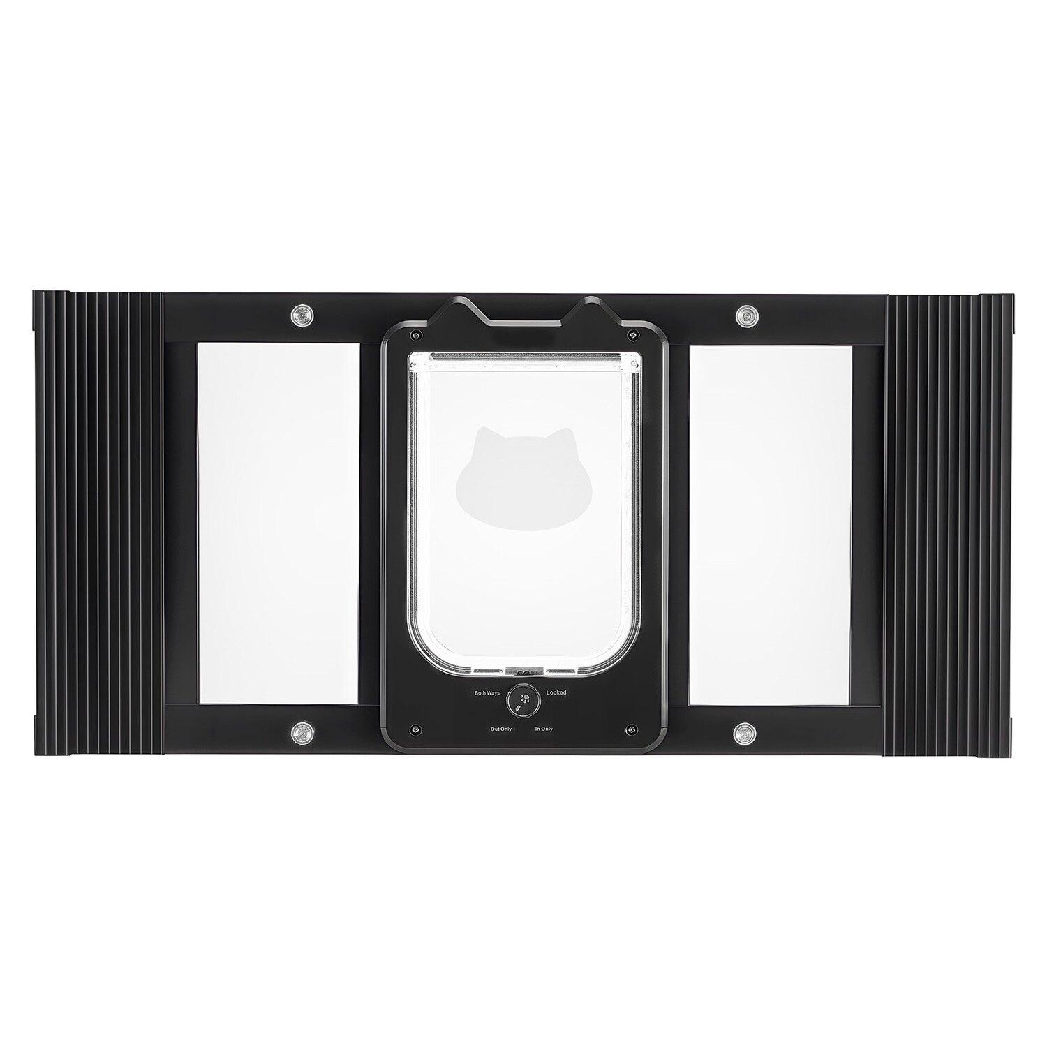 Porte pour Chat pour Fenêtre, Réglable pour s'adapter à une largeur de fenêtre de 686-813 mm, 4 Modes de Verrouillage Sécurisés, Cadre en Aluminium et Verre à Haute Transparence, Fermeture Magnétique,