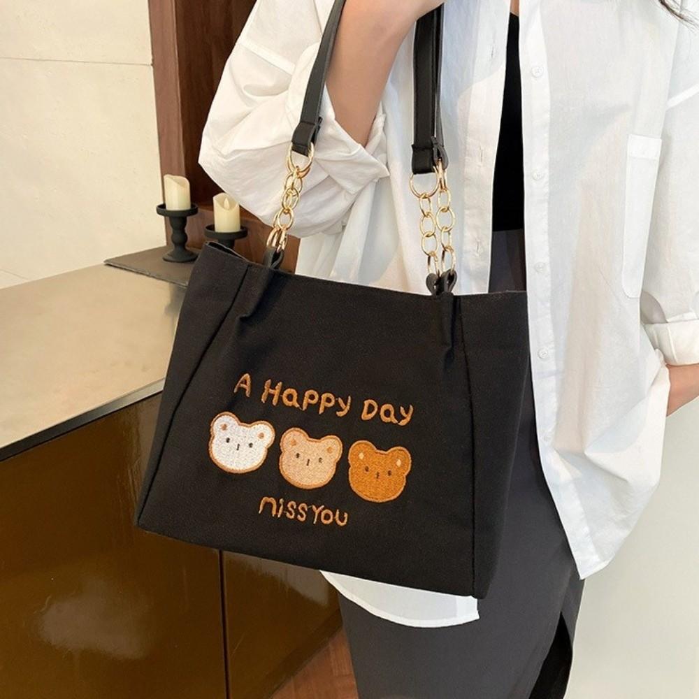 Large Capacity Bear Shoulder Bag Korean Style Canvas Handbag Cartoon Tote Bag Office Worker