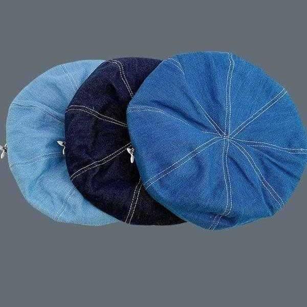 Washed denim hat women's autumn versatile beret retro octagonal hat big head circumference showing face small painter hat