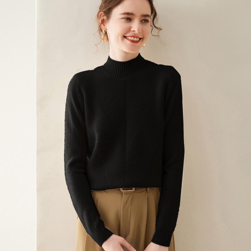 Women's Pure Cashmere Semi-High Neck Solid Color Thick Pullover Sweater for Autumn and Winter
