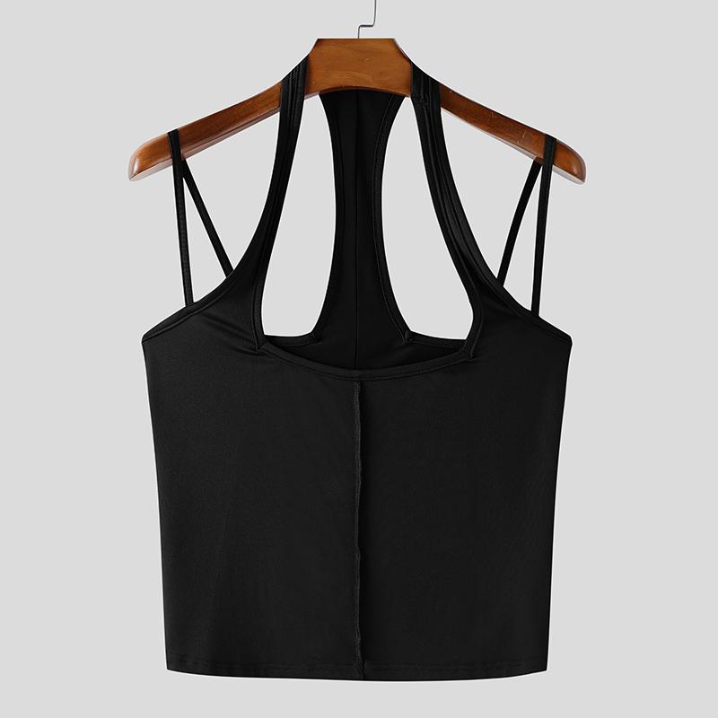 

INCERUN Men Square Collar Sleeveless Tank Tops Slim Strap Backless Cropped Camisole S чёрный