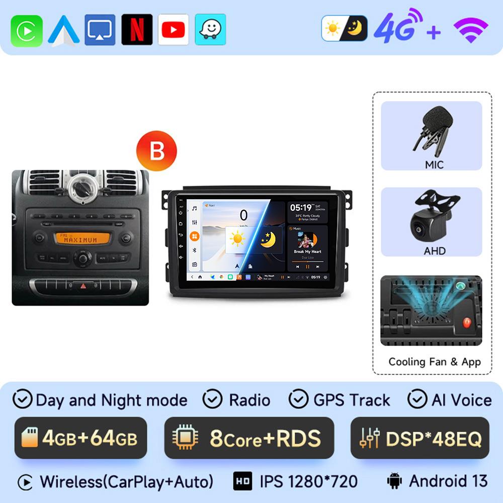JIUYIN Android 13 Auto Radio Smart Fortwo 451 2005 - 2015 Wireless Carplay 4G Car Multimedia GPS 2din Autoradio