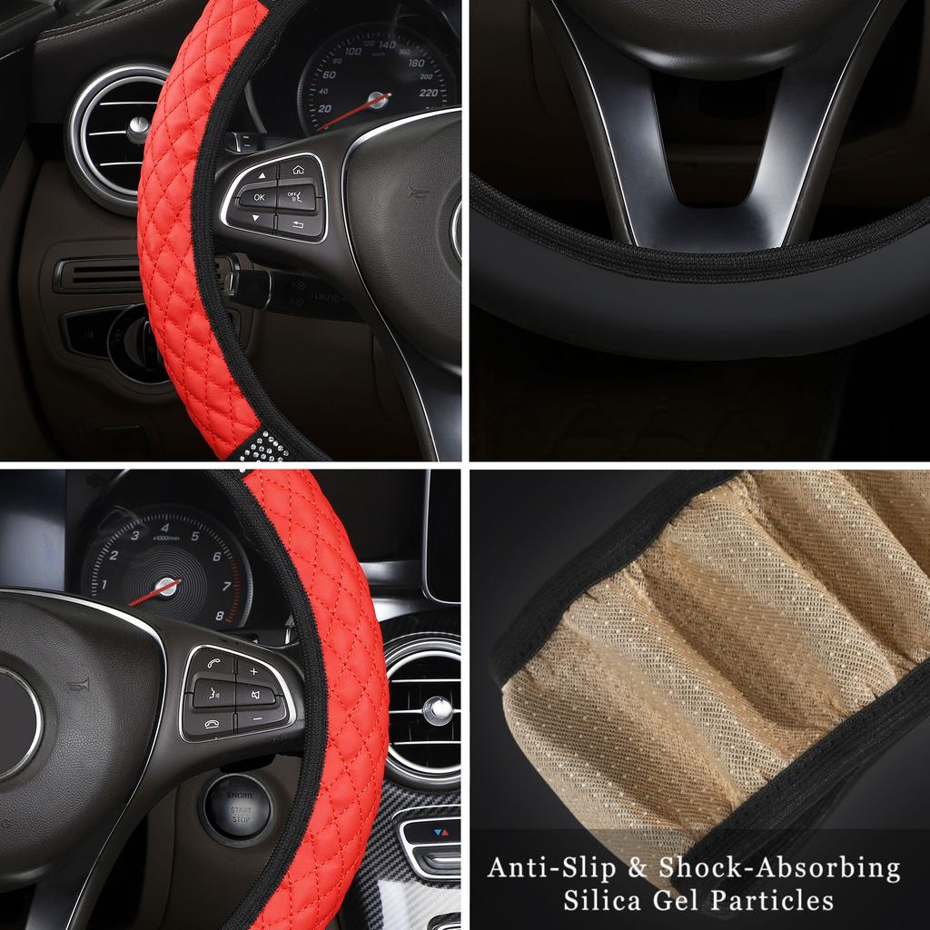 Universal Car Steering Wheel Cover 37-38cm Leather Embroidered Color Diamond-Studded Elastic Four Seasons Steering Wheel Cover