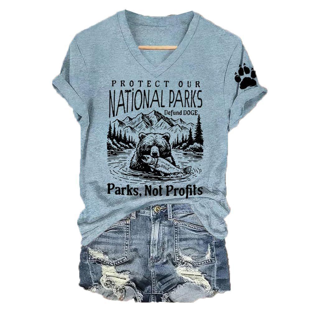 Summer V-neck 3D Letter Bear Printed Top Fashionable Casual Short Sleeved Women's T-shirts