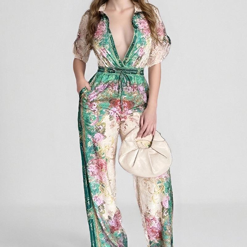 2026 Elegant European American Fashion Slimming Short Sleeve Printed Jumpsuit for Women XL